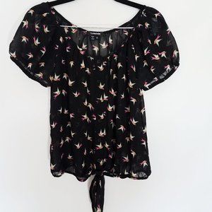 MyMichelle Sheer Bird Design Black Tie Blouse